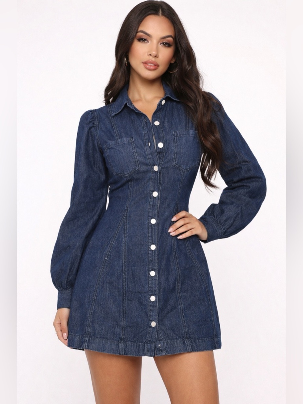 Fashion Nova Denim Button Front Mini Shirt Dress | Long Sleeve Collare
